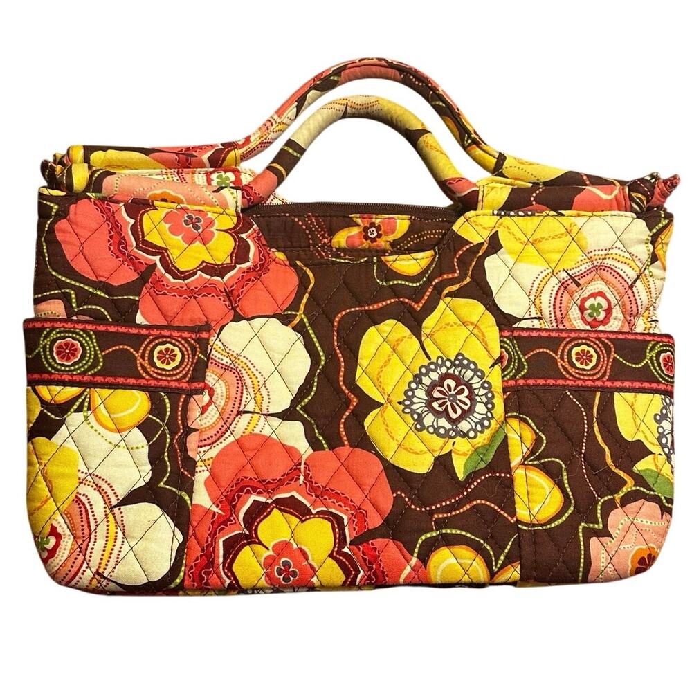 Vera Bradley BowlerBag Retired Buttercup Floral Quilted Handbag Brown Yellow Red